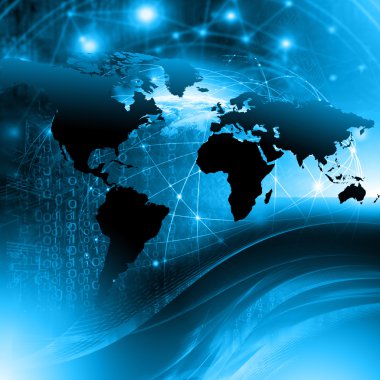 Dünya Haritası üzerinde teknolojik bir arka plan, parlak çizgiler semboller Internet, radyo, televizyon, telefon ve uydu iletişim.