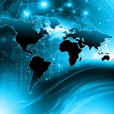 Dünya Haritası üzerinde teknolojik bir arka plan, parlak çizgiler semboller Internet, radyo, televizyon, telefon ve uydu iletişim.