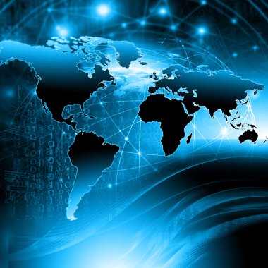 Dünya Haritası üzerinde teknolojik bir arka plan, parlak çizgiler semboller Internet, radyo, televizyon, telefon ve uydu iletişim.