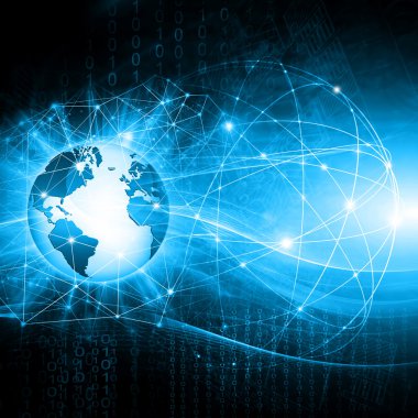 Global iş dünyasının en iyi internet kavramı. Küre, teknolojik arka planda parlayan çizgiler. Elektronik, Wi-Fi, ışınları, sembolleri İnternet, televizyon, mobil ve uydu iletişimi