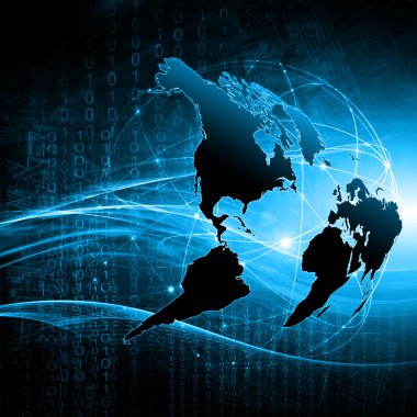 Dünya Haritası üzerinde teknolojik bir arka plan, parlak çizgiler semboller Internet, radyo, televizyon, telefon ve uydu iletişim.