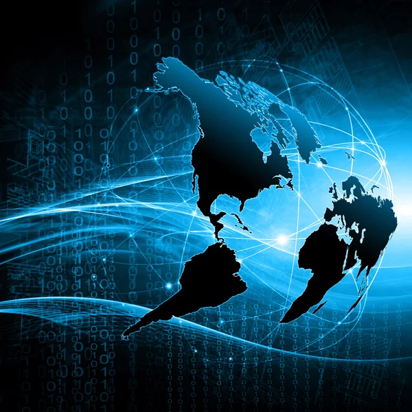 Mapa del mundo sobre un fondo tecnológico, líneas luminosas símbolos de Internet, radio, televisión, comunicaciones móviles y por satélite . —  Fotos de Stock