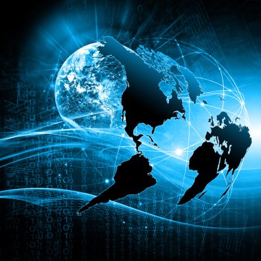 Dünya Haritası üzerinde teknolojik bir arka plan, parlak çizgiler semboller Internet, radyo, televizyon, telefon ve uydu iletişim.