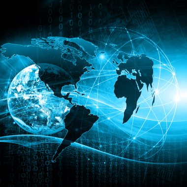 Dünya Haritası üzerinde teknolojik bir arka plan, parlak çizgiler semboller Internet, radyo, televizyon, telefon ve uydu iletişim.