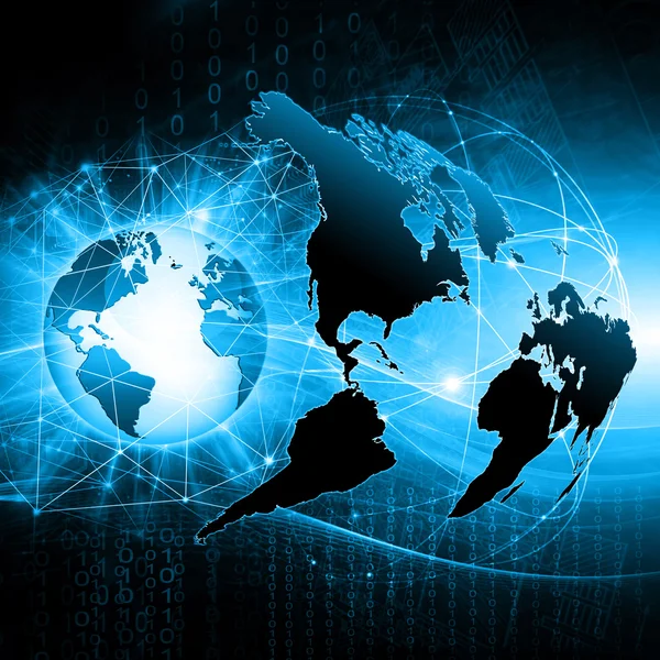 Mapa del mundo sobre un fondo tecnológico, líneas luminosas símbolos de Internet, radio, televisión, comunicaciones móviles y por satélite . — Foto de Stock