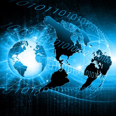 Dünya Haritası üzerinde teknolojik bir arka plan, parlak çizgiler semboller Internet, radyo, televizyon, telefon ve uydu iletişim.