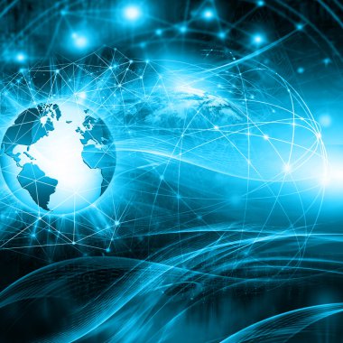 Global iş dünyasının en iyi internet kavramı. Küre, teknolojik arka planda parlayan çizgiler. Elektronik, Wi-Fi, ışınları, sembolleri İnternet, televizyon, mobil ve uydu iletişimi