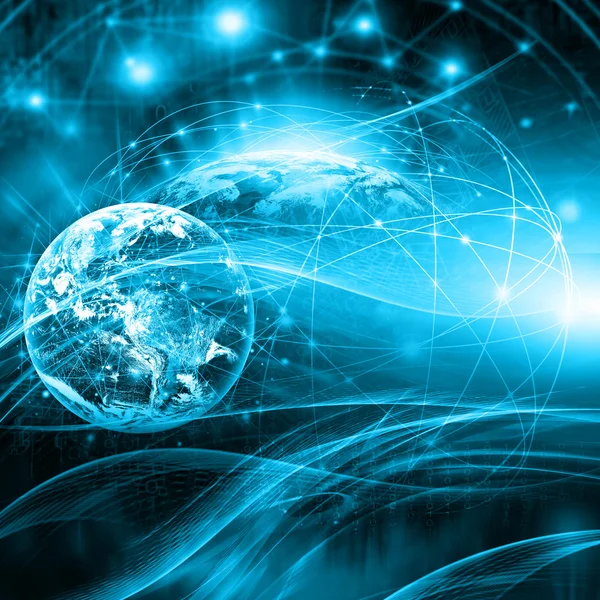 Beste Internet Concept van de wereldwijde business. Globe, gloeiende lijnen op technologische achtergrond. Elektronica, Wi-Fi, stralen, symbolen Internet, televisie, mobiele en satellietcommunicatie — Stockfoto