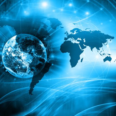 Dünya Haritası üzerinde teknolojik bir arka plan, parlak çizgiler semboller Internet, radyo, televizyon, telefon ve uydu iletişim.