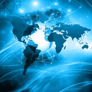 Dünya Haritası üzerinde teknolojik bir arka plan, parlak çizgiler semboller Internet, radyo, televizyon, telefon ve uydu iletişim.