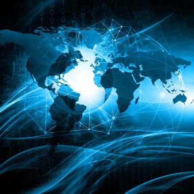 Dünya Haritası üzerinde teknolojik bir arka plan, parlak çizgiler semboller Internet, radyo, televizyon, telefon ve uydu iletişim.