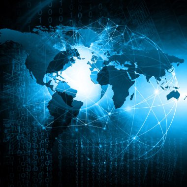 Dünya Haritası üzerinde teknolojik bir arka plan, parlak çizgiler semboller Internet, radyo, televizyon, telefon ve uydu iletişim.