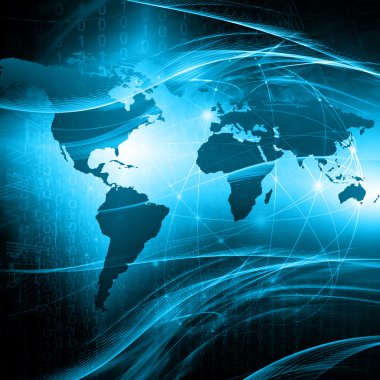 Dünya Haritası üzerinde teknolojik bir arka plan, parlak çizgiler semboller Internet, radyo, televizyon, telefon ve uydu iletişim.