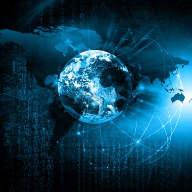 En iyi Internet kavramı küresel iş. Küre, teknolojik arka plan üzerinde parlak çizgiler. Elektronik, Wi-Fi, ışınları, simge Internet, televizyon, telefon ve uydu communicationsblue bulanıklık