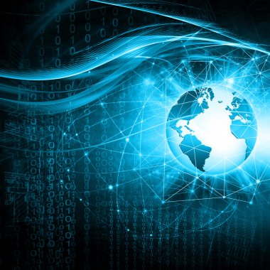En iyi Internet kavramı küresel iş. Küre, teknolojik arka plan üzerinde parlak çizgiler. Elektronik, Wi-Fi, ışınları, simge Internet, televizyon, telefon ve uydu communicationsblue bulanıklık