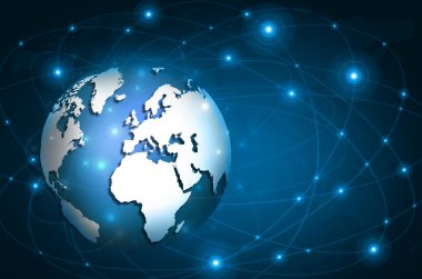 En iyi Internet kavramı küresel iş. Küre, teknolojik arka plan üzerinde parlak çizgiler. Elektronik, Wi-Fi, ışınları, simge Internet, televizyon, telefon ve uydu communicationsblue bulanıklık