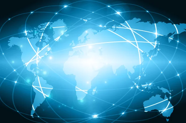 Kaart van de wereld op een technologische achtergrond, gloeiende lijnen symbolen van het Internet, radio, televisie, mobiele en apparatuur voor satellietgrondstations. — Stockfoto