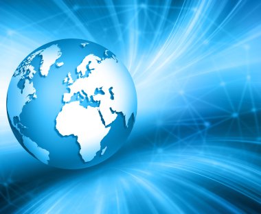 En iyi Internet kavramı küresel iş. Küre, teknolojik arka plan üzerinde parlak çizgiler. Elektronik, Wi-Fi, ışınları, simge Internet, televizyon, telefon ve uydu communicationsblue bulanıklık