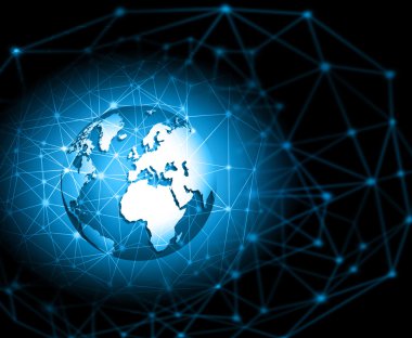 En iyi Internet kavramı küresel iş. Küre, teknolojik arka plan üzerinde parlak çizgiler. Elektronik, Wi-Fi, ışınları, simge Internet, televizyon, telefon ve uydu communicationsblue bulanıklık