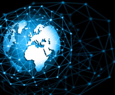 En iyi Internet kavramı küresel iş. Küre, teknolojik arka plan üzerinde parlak çizgiler. Elektronik, Wi-Fi, ışınları, simge Internet, televizyon, telefon ve uydu communicationsblue bulanıklık
