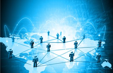 Dünya Haritası üzerinde teknolojik bir arka plan, parlak çizgiler semboller Internet, radyo, televizyon, telefon ve uydu iletişim.