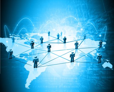 Dünya Haritası üzerinde teknolojik bir arka plan, parlak çizgiler semboller Internet, radyo, televizyon, telefon ve uydu iletişim.