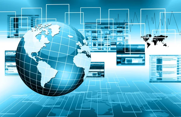 Das beste Internet-Konzept des globalen Geschäfts. Globus, glühende Linien auf technologischem Hintergrund. Elektronik, Wi-Fi, Strahlen, Symbole Internet, Fernsehen, Mobilfunk und SatellitenkommunikationBlaue Unschärfe — Stockfoto