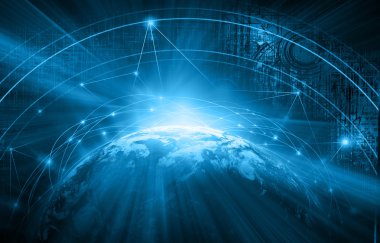En iyi Internet kavramı küresel iş. Teknolojik arka plan. Sembolleri Wi-Fi, Internet, televizyon, telefon ve uydu iletişim ışınları