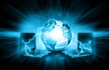 En iyi Internet kavramı küresel iş. Küre, teknolojik arka plan üzerinde parlak çizgiler. Elektronik, Wi-Fi, ışınları, simge Internet, televizyon, telefon ve uydu communicationsblue bulanıklık