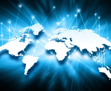Dünya Haritası üzerinde teknolojik bir arka plan, parlak çizgiler semboller Internet, radyo, televizyon, telefon ve uydu iletişim.