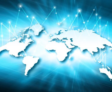 Dünya Haritası üzerinde teknolojik bir arka plan, parlak çizgiler semboller Internet, radyo, televizyon, telefon ve uydu iletişim.