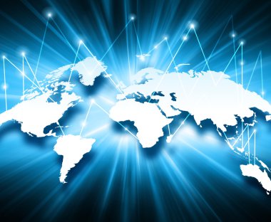 Dünya Haritası üzerinde teknolojik bir arka plan, parlak çizgiler semboller Internet, radyo, televizyon, telefon ve uydu iletişim.