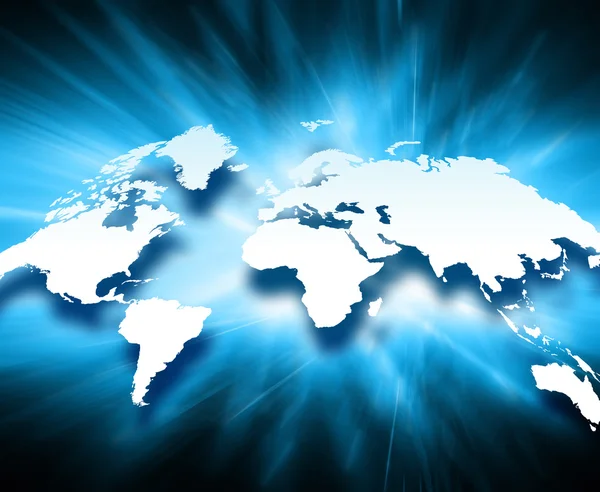 Mapa del mundo sobre un fondo tecnológico, líneas luminosas símbolos de Internet, radio, televisión, comunicaciones móviles y por satélite . —  Fotos de Stock