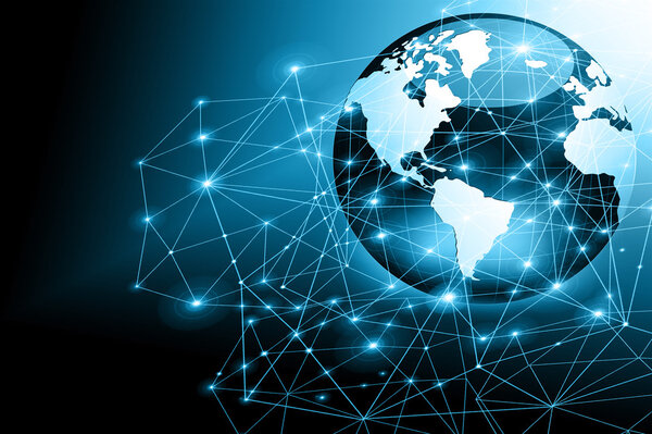 Best Internet Concept of global business. Globe, glowing lines on technological background. Electronics, Wi-Fi, rays, symbols Internet, television, mobile and satellite communicationsblue blur