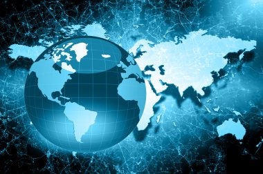 En iyi Internet kavramı küresel iş. Küre, teknolojik arka plan üzerinde parlak çizgiler. Elektronik, Wi-Fi, ışınları, simge Internet, televizyon, telefon ve uydu communicationsblue bulanıklık