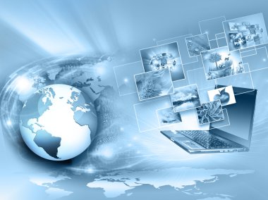 En iyi Internet kavramı küresel iş. Küre, teknolojik arka plan üzerinde parlak çizgiler. Elektronik, Wi-Fi, ışınları, simge Internet, televizyon, telefon ve uydu communicationsblue bulanıklık