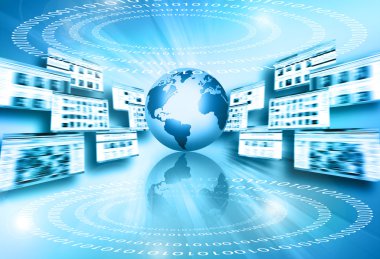 En iyi Internet kavramı küresel iş. Küre, teknolojik arka plan üzerinde parlak çizgiler. Elektronik, Wi-Fi, ışınları, simge Internet, televizyon, telefon ve uydu communicationsblue bulanıklık