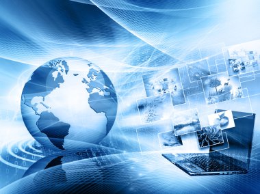 En iyi Internet kavramı küresel iş. Küre, teknolojik arka plan üzerinde parlak çizgiler. Elektronik, Wi-Fi, ışınları, simge Internet, televizyon, telefon ve uydu communicationsblue bulanıklık