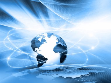 En iyi Internet kavramı küresel iş. Küre, teknolojik arka plan üzerinde parlak çizgiler. Elektronik, Wi-Fi, ışınları, simge Internet, televizyon, telefon ve uydu communicationsblue bulanıklık