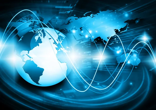 Mejor Concepto de Internet de los negocios globales. Globo, líneas brillantes en el fondo tecnológico. Electrónica, Wi-Fi, rayos, símbolos Internet, televisión, comunicaciones móviles y por satéliteazul desenfoque — Foto de Stock