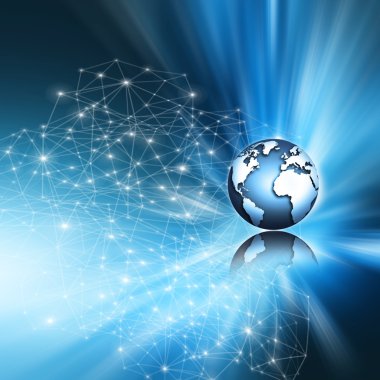 En iyi Internet kavramı küresel iş. Küre, teknolojik arka plan üzerinde parlak çizgiler. Elektronik, Wi-Fi, ışınları, simge Internet, televizyon, telefon ve uydu communicationsblue bulanıklık