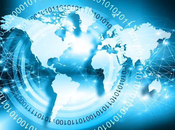 Mapa do mundo sobre um fundo tecnológico, linhas brilhantes símbolos da Internet, rádio, televisão, comunicações móveis e por satélite . — Fotografia de Stock