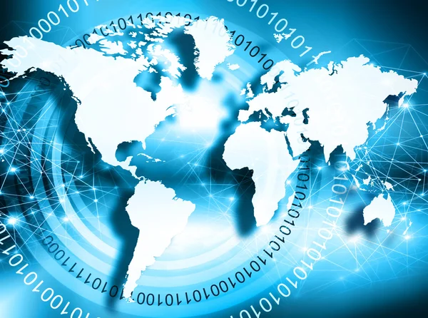 Mapa do mundo sobre um fundo tecnológico, linhas brilhantes símbolos da Internet, rádio, televisão, comunicações móveis e por satélite . — Fotografia de Stock