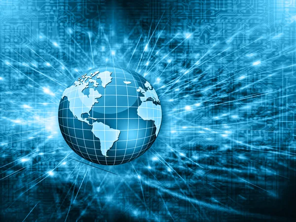 Mejor Concepto de Internet de los negocios globales. Globo, líneas brillantes en el fondo tecnológico. Electrónica, Wi-Fi, rayos, símbolos Internet, televisión, comunicaciones móviles y por satéliteazul desenfoque —  Fotos de Stock