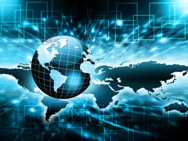 En iyi Internet kavramı küresel iş. Küre, teknolojik arka plan üzerinde parlak çizgiler. Elektronik, Wi-Fi, ışınları, simge Internet, televizyon, telefon ve uydu communicationsblue bulanıklık