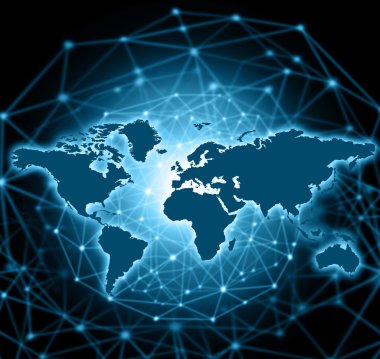 Dünya Haritası üzerinde teknolojik bir arka plan, parlak çizgiler semboller Internet, radyo, televizyon, telefon ve uydu iletişim.