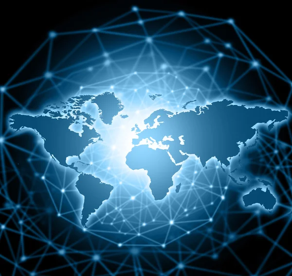 Mapa del mundo sobre un fondo tecnológico, líneas luminosas símbolos de Internet, radio, televisión, comunicaciones móviles y por satélite . — Foto de Stock