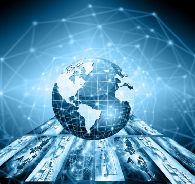 En iyi Internet kavramı küresel iş. Küre, teknolojik arka plan üzerinde parlak çizgiler. Elektronik, Wi-Fi, ışınları, simge Internet, televizyon, telefon ve uydu communicationsblue bulanıklık