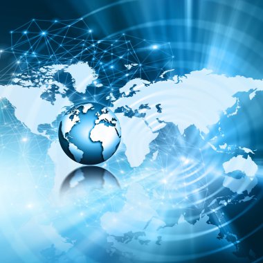En iyi Internet kavramı küresel iş. Küre, teknolojik arka plan üzerinde parlak çizgiler. Elektronik, Wi-Fi, ışınları, simge Internet, televizyon, telefon ve uydu communicationsblue bulanıklık