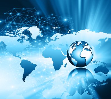 En iyi Internet kavramı küresel iş. Küre, teknolojik arka plan üzerinde parlak çizgiler. Elektronik, Wi-Fi, ışınları, simge Internet, televizyon, telefon ve uydu communicationsblue bulanıklık